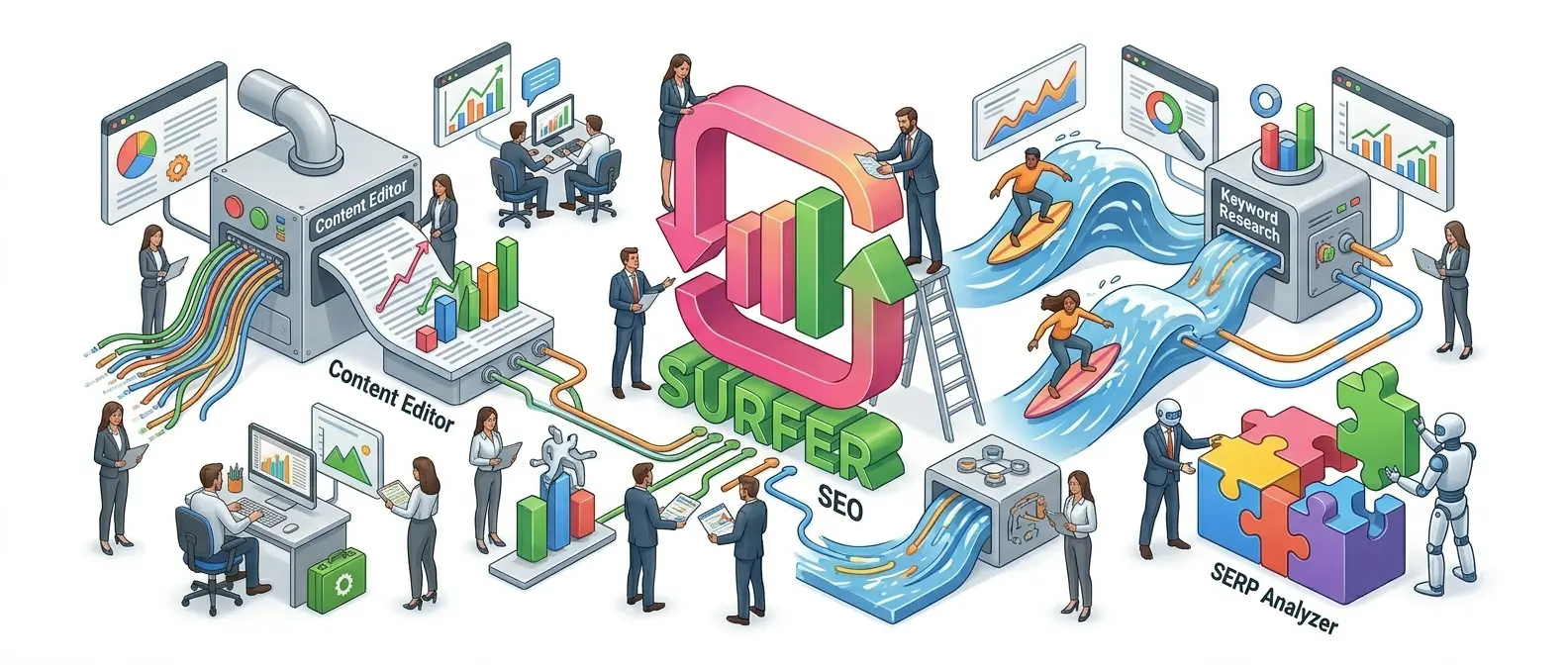 "Illustration of Surfer SEO tool showing Content Editor, Keyword Research, SERP Analyzer, and content optimization features. Large colorful Surfer SEO logo is prominently displayed with data flows, graphs, surfers on waves, and puzzle pieces."