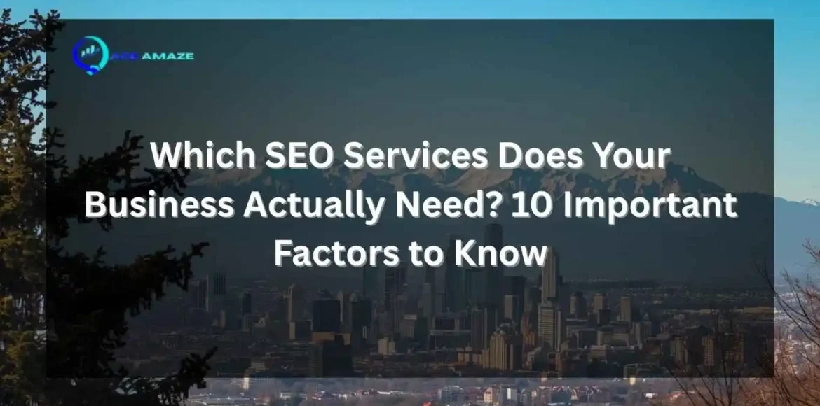 An informational banner featuring a cityscape at the foot of snow-capped mountains with text overlay that reads: "Which SEO Services Does Your Business Actually Need? 10 Important Factors to Know." The logo for AEC Amaze is visible in the top left corner.