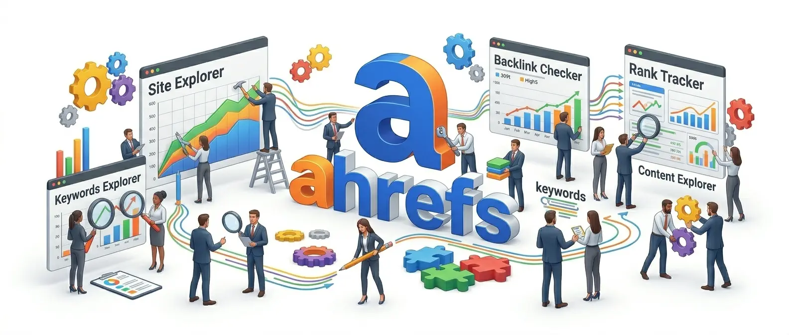 "Illustration of Ahrefs SEO tools featuring business professionals working with Site Explorer, Keywords Explorer, Backlink Checker, Rank Tracker, and Content Explorer. Large Ahrefs logo is prominently displayed with colorful gears, charts, and data visualizations."