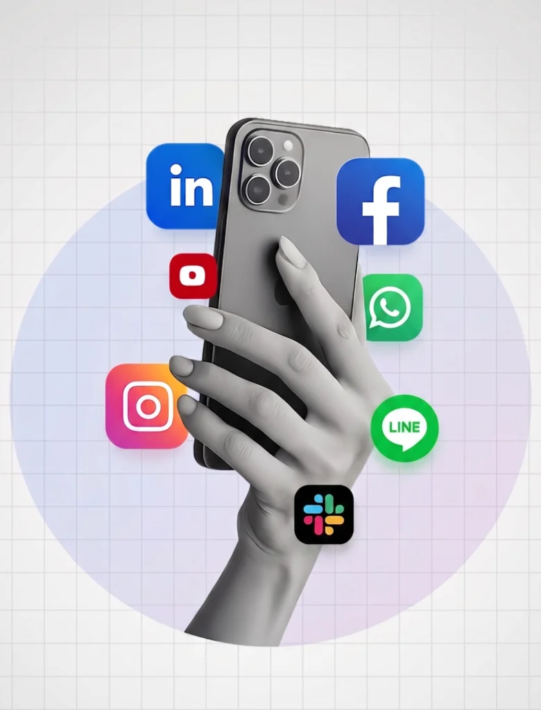 "Hand holding a smartphone surrounded by social media app icons including Facebook, Instagram, LinkedIn, WhatsApp, YouTube, and more, representing services by a leading digital marketing company in Dehradun IT Park"