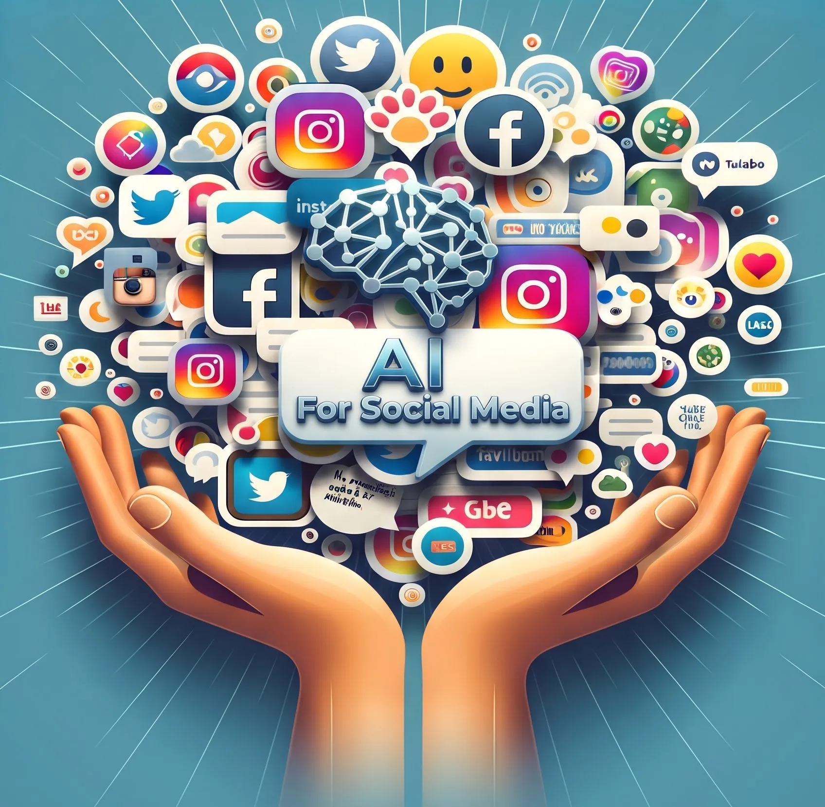 "Illustration of hands holding a glowing cluster of social media icons with a central AI brain and 'AI For Social Media' text, representing AI for social media, best AI for social media growth, AI tools for social media, and AI tools for social media posts"