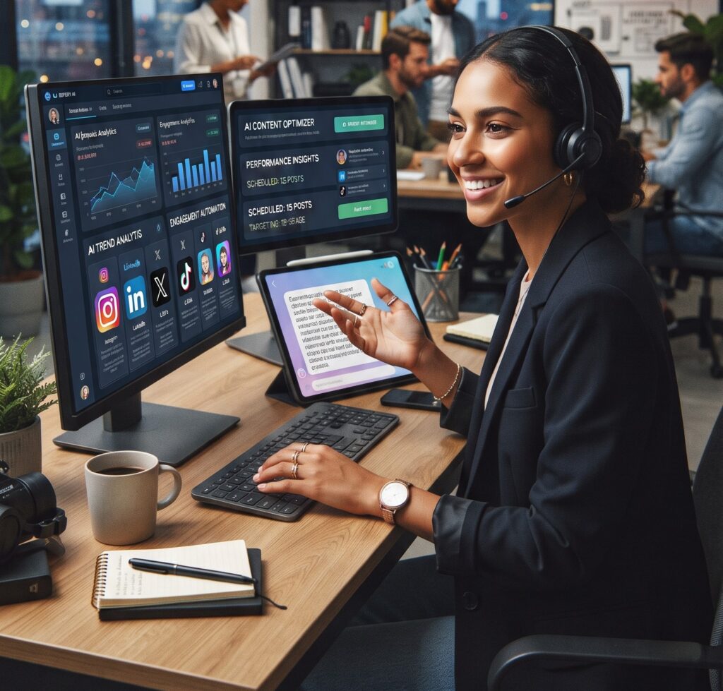 "Smiling digital marketing expert wearing a headset working on AI tools for social media at her desk, with screens showing AI analytics, content optimizer, and social platforms – representing AI for social media, best AI for social media growth, AI tools for social media, and AI tools for social media posts"