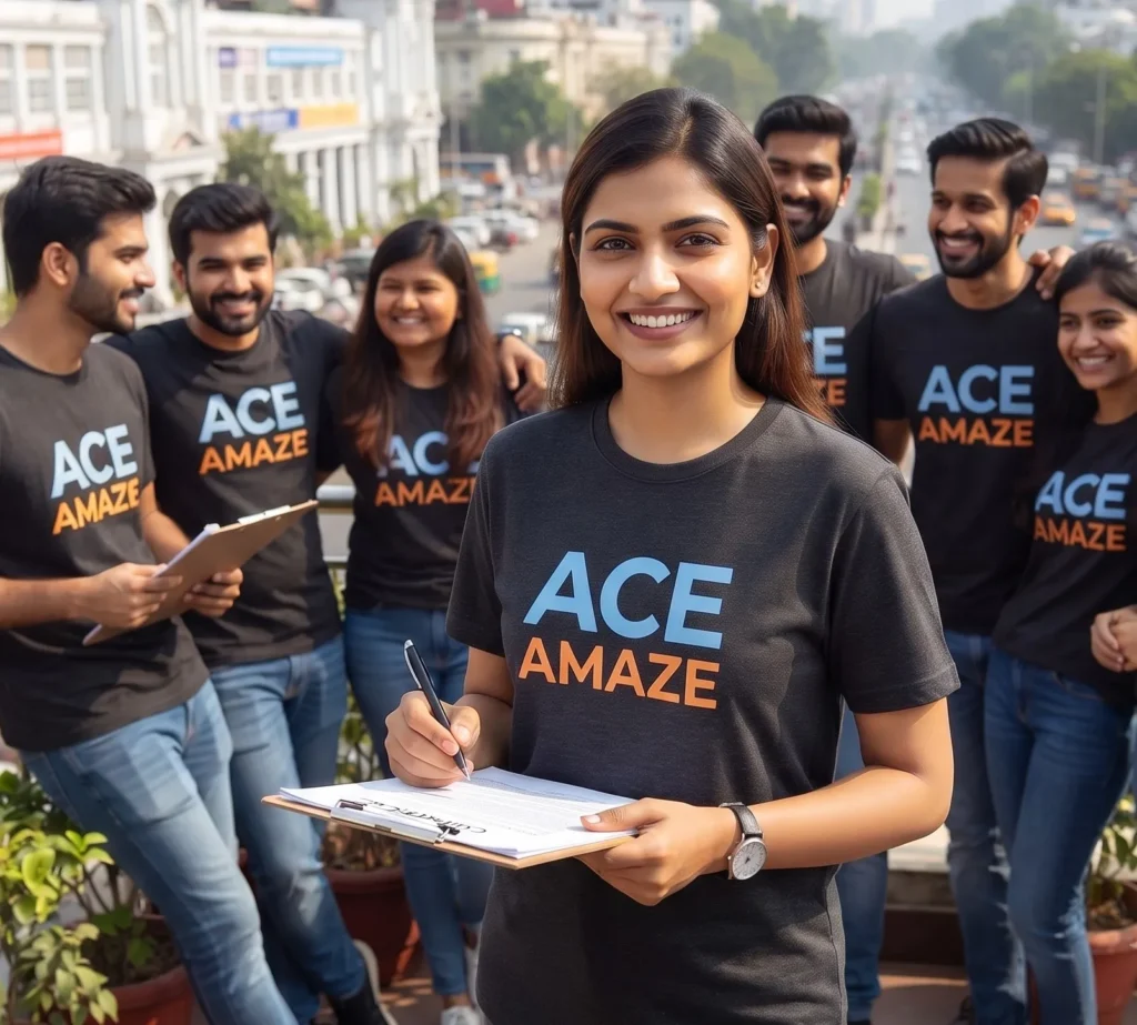 "Happy Ace Amaze team member smiling while holding a clipboard outdoors with colleagues, representing AI for social media, best AI for social media growth, AI tools for social media, and AI tools for social media posts"