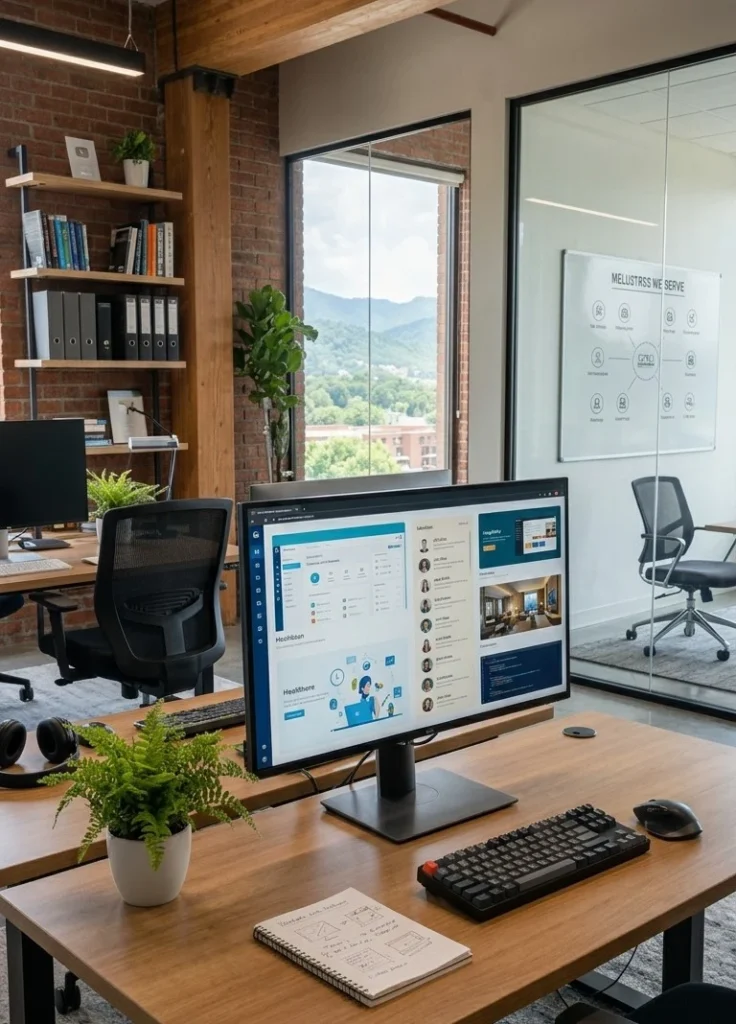 "Modern office workspace with computer monitor displaying multiple website designs. Premier web development company in Dehradun and professional website designing company in Dehradun"