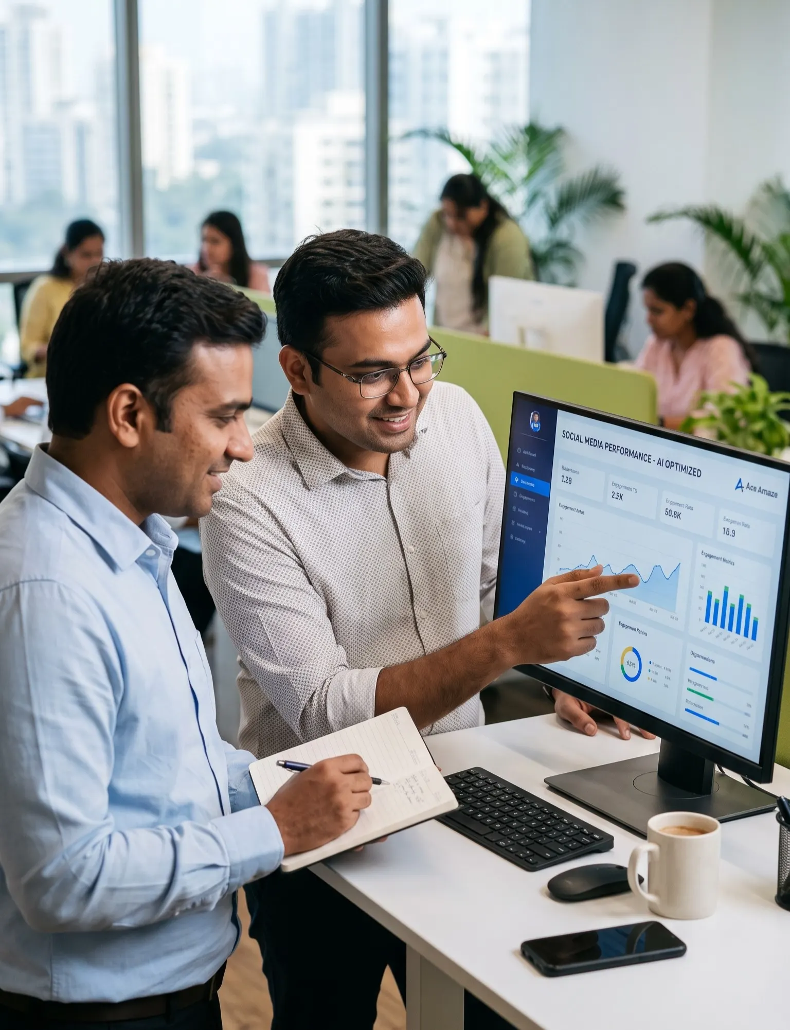 "Two professionals reviewing AI-optimized social media performance dashboard on a computer screen in a modern office, representing AI for social media, social media marketing, digital marketing services, and digital marketing agency in Dehradun"