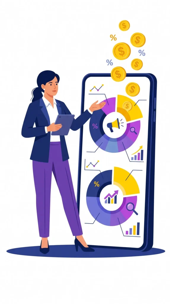 "Illustration of a businesswoman presenting digital marketing services on a large smartphone screen with colorful pie charts, graphs, megaphone icon, and floating gold coins, representing digital marketing services pricing, SEO, and digital marketing charges."