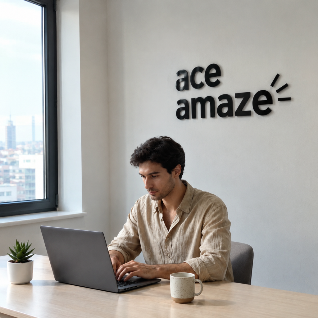 A professional working attentively on a laptop at a desk under the Ace Amaze wall logo, representing campaign strategy services by a digital marketing company for Dehradun