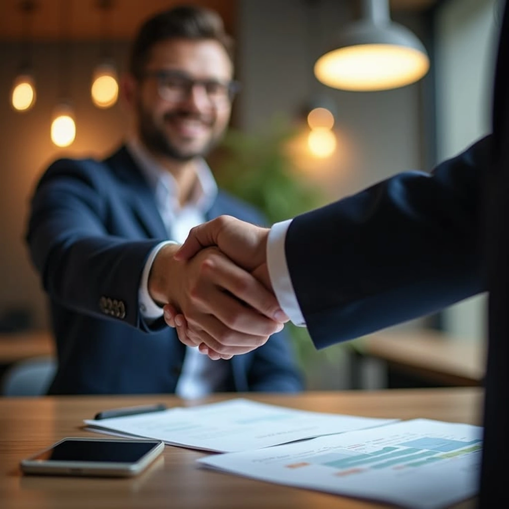 A close-up of two business professionals shaking hands over contract documents on a wooden desk, symbolizing a successful partnership with a digital marketing company for Dehradun