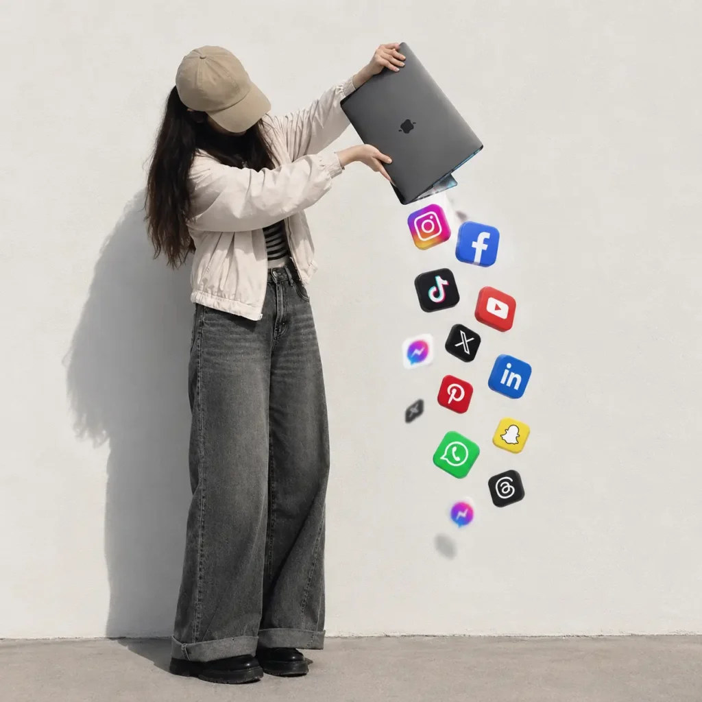A person holding a laptop as popular social media and platform icons spill out, representing social media marketing by a digital marketing company for Dehradun