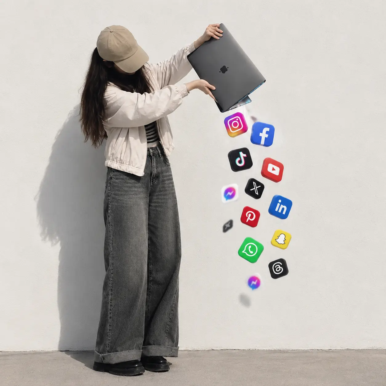 A person holding a laptop as popular social media and platform icons spill out, representing social media marketing by a digital marketing company for Dehradun