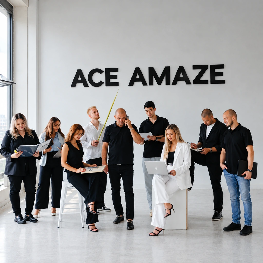 A diverse professional agency team posing in a modern office under the Ace Amaze wall logo, representing a leading digital marketing company for Dehradun