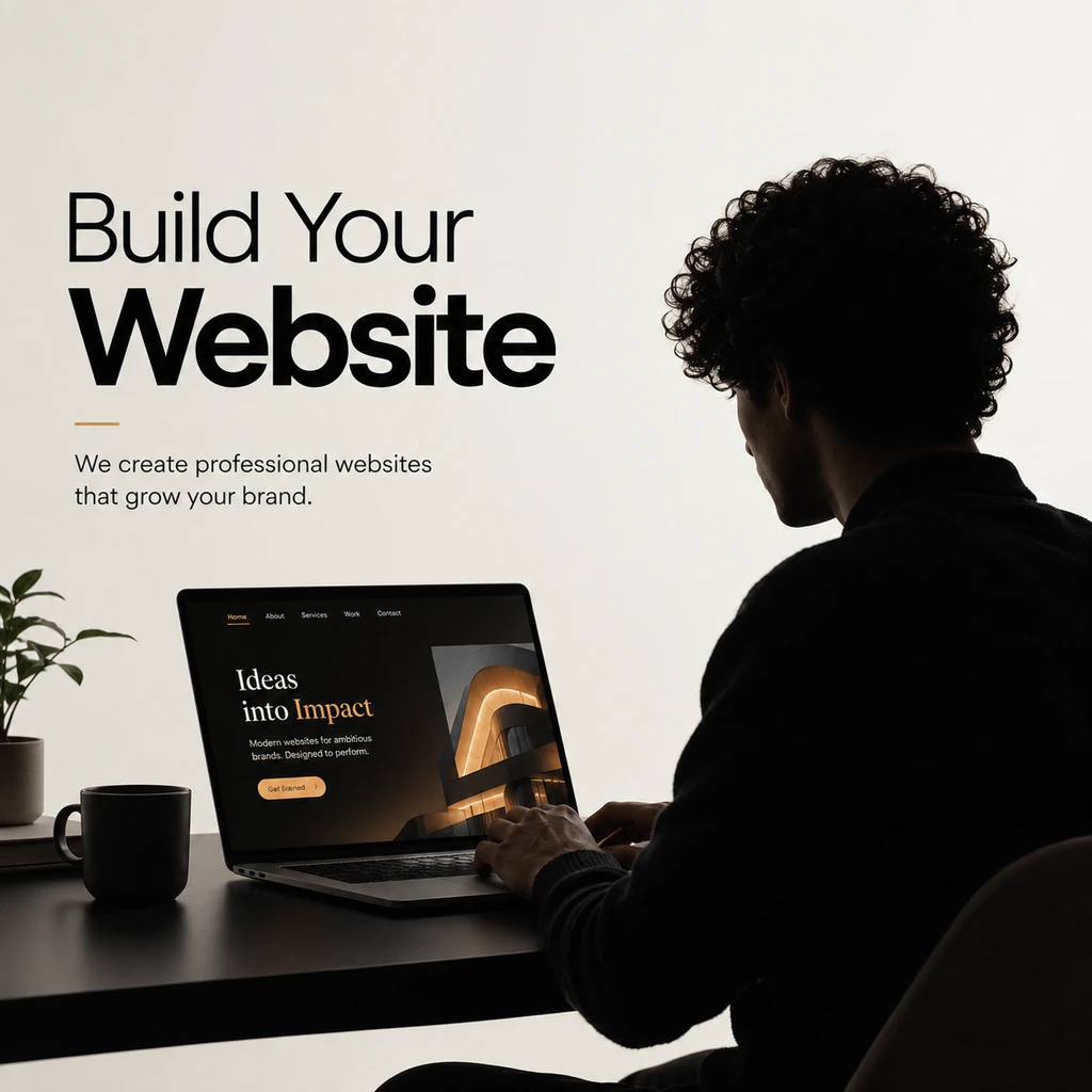 A person working on a laptop designing a modern website with the text "Build Your Website," showcasing web development services by a digital marketing company for Dehradun