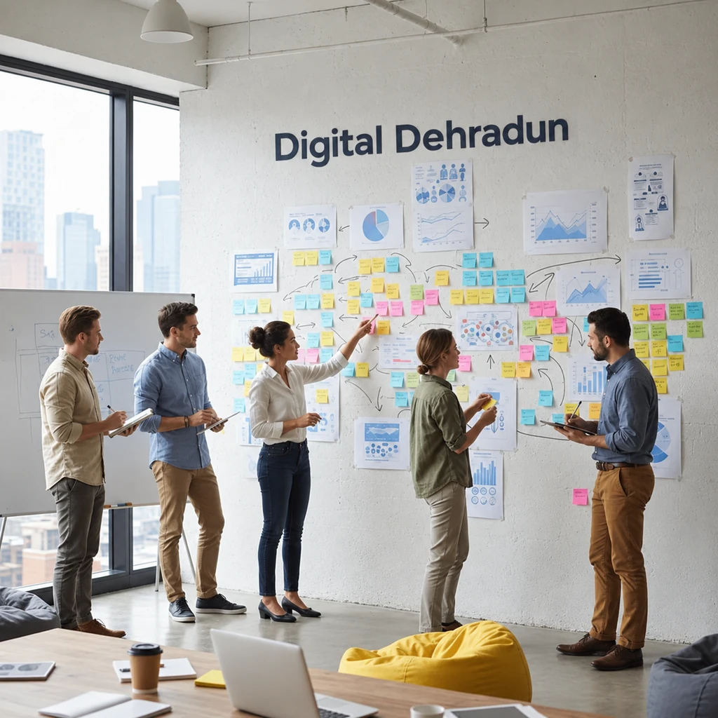 A team of marketing professionals collaborating during a brainstorming session in front of a strategy wall with charts and notes, representing a digital marketing company for Dehradun