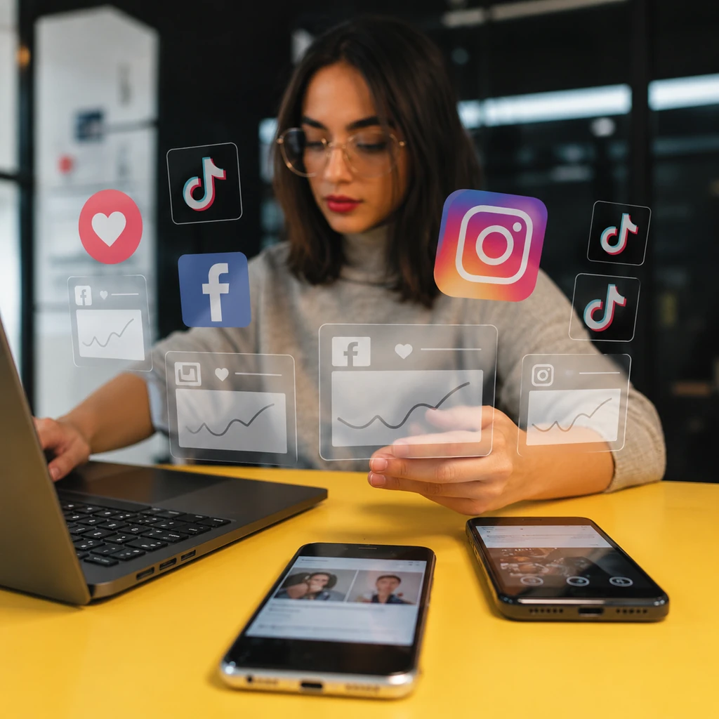 A woman wearing glasses working on a laptop surrounded by floating transparent social media icons and analytics screens, representing social media management by a digital marketing company for Dehradun