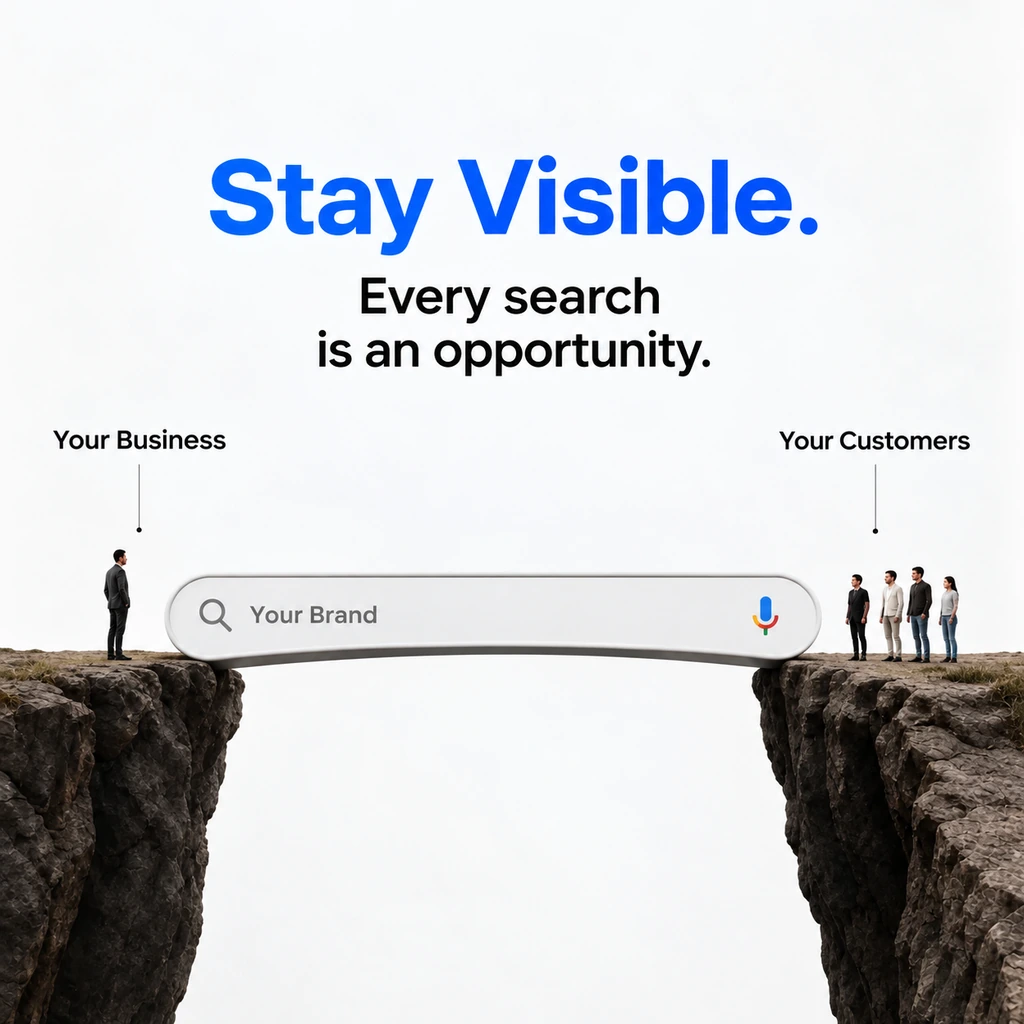 Conceptual image showing a search bar bridge connecting a business to customers across a cliff, representing search visibility strategies by a digital marketing company for Dehradun