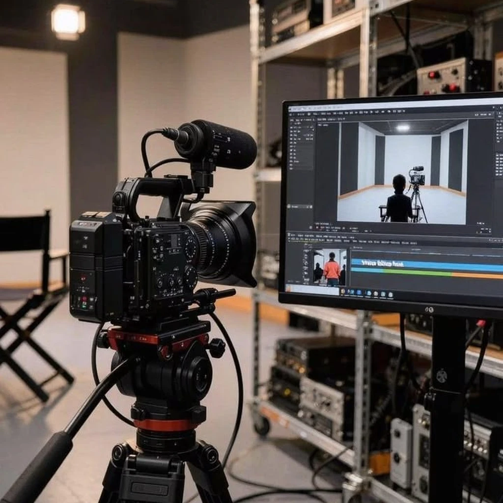 Video production studio at an advertising agency in Dehradun with a professional camera and video editing monitor.