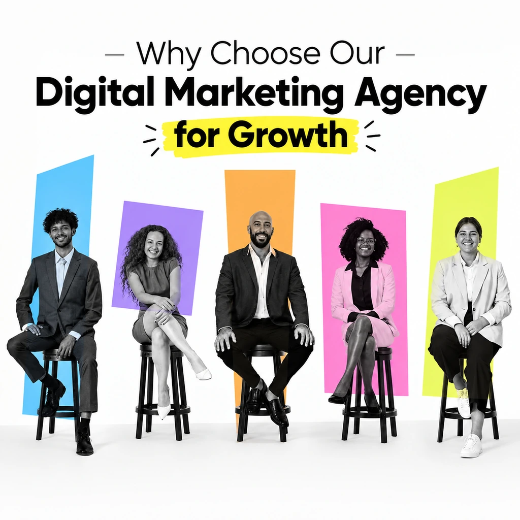 A diverse team of professionals posing on stools against colorful geometric backdrops beneath the headline "Why Choose Our Digital Marketing Agency for Growth," representing services by a digital marketing company for Dehradun